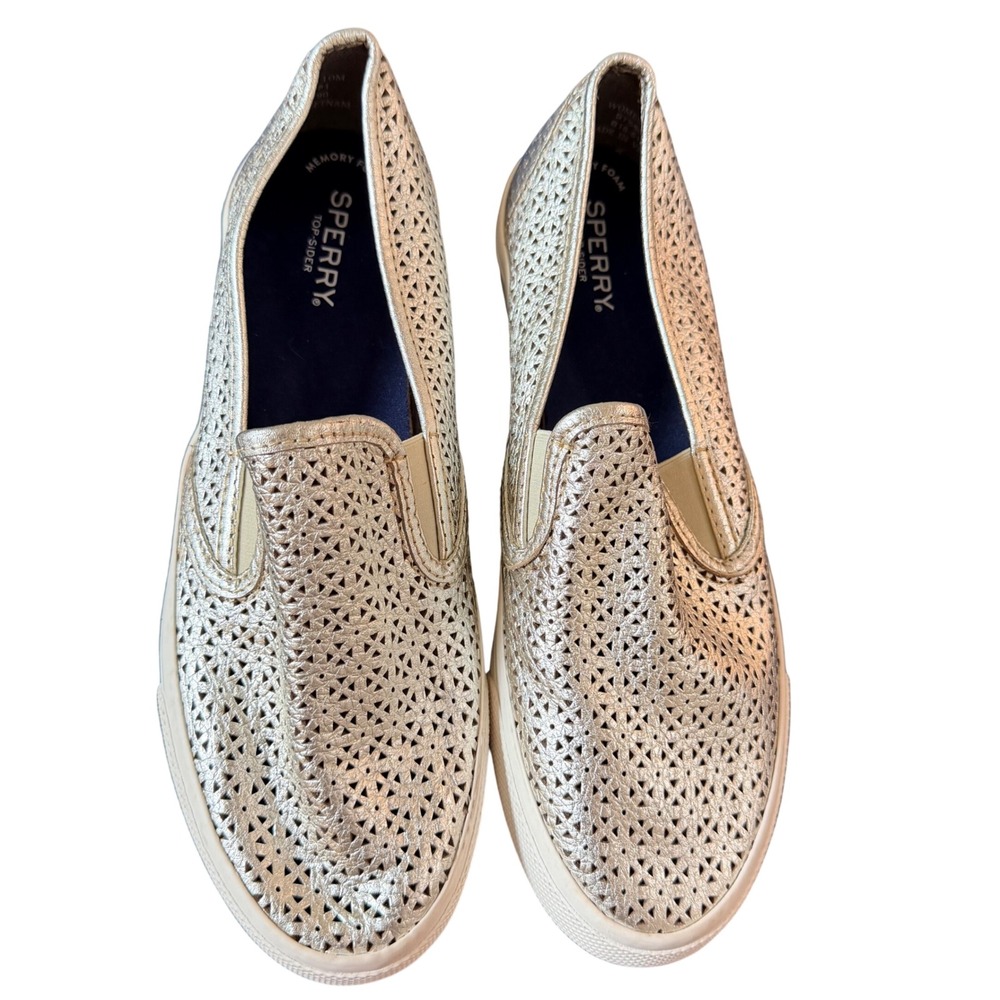 Sperry Womens 10M Crest Vibe Metallic Perforated Slip On Sneakers Preppy Coastal